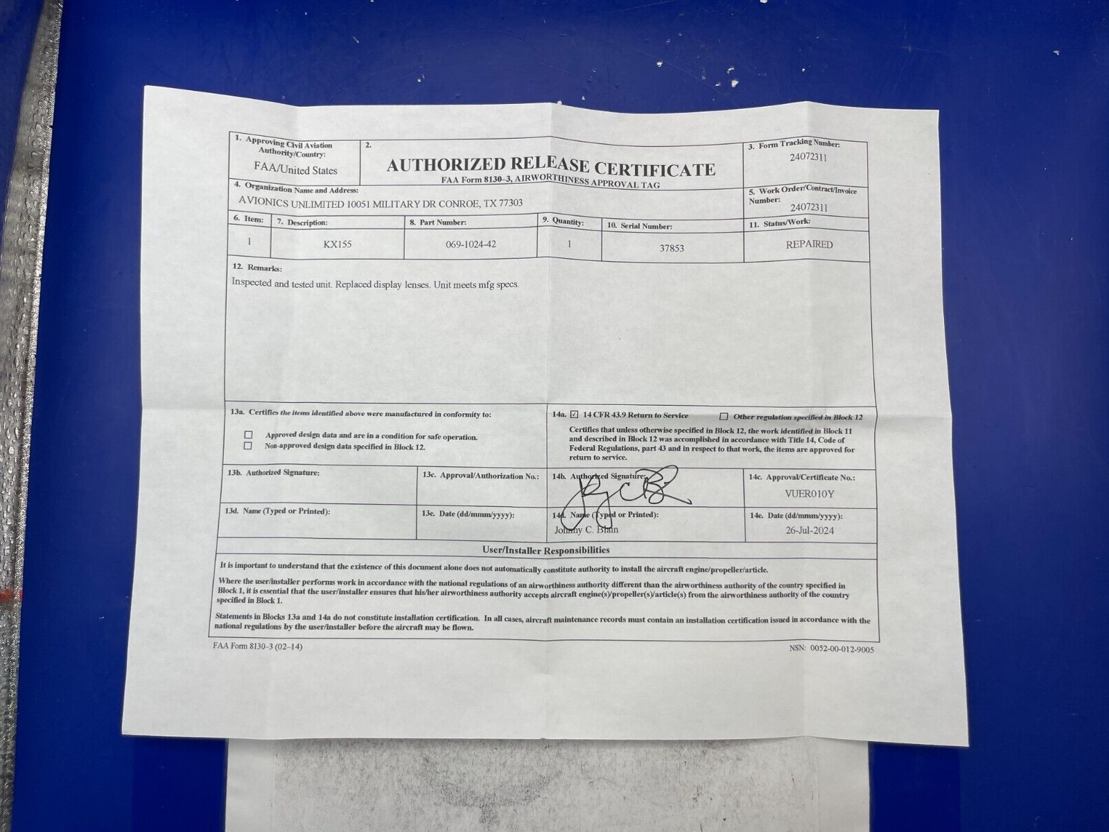 BENDIX/KING KX 155 P/N 069-1024-42 14VDC WITH GLIDE/SLOPE WITH FAA FORM 8130-3