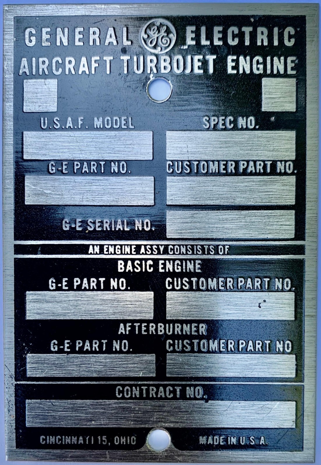 Original General Electric Aircraft Turbojet Engine Data Plate, GE J47 DPL-0126
