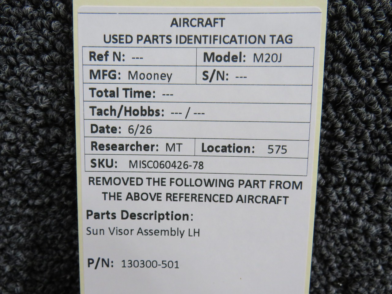 130300-501 Mooney M20 Sun Visor Assembly LH