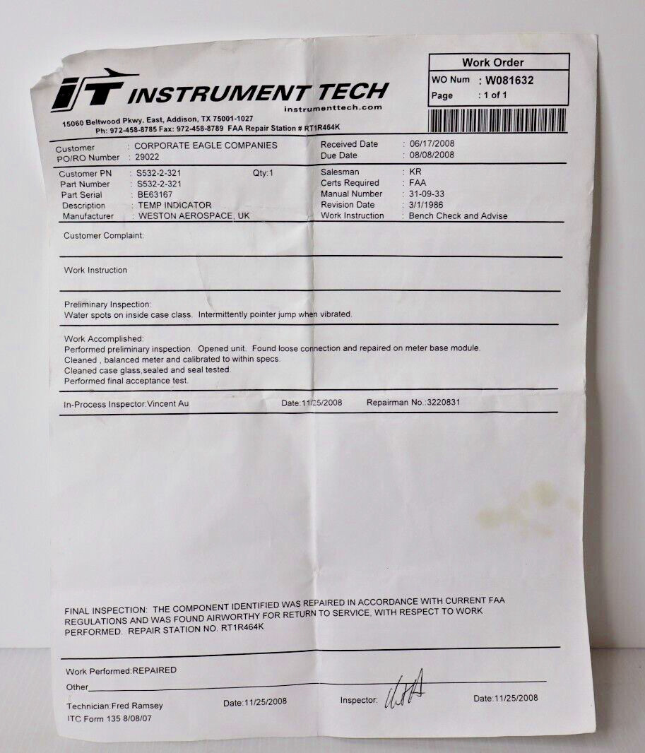 Weston S532-2-321 Temp Indicator Repaired with FAA 8130-3 Form