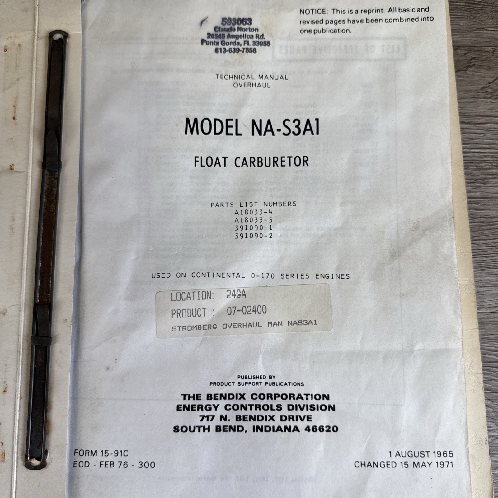 Bendix NA-S3A1 Carburetor used on Continental Engines Overhaul Manual Aviation