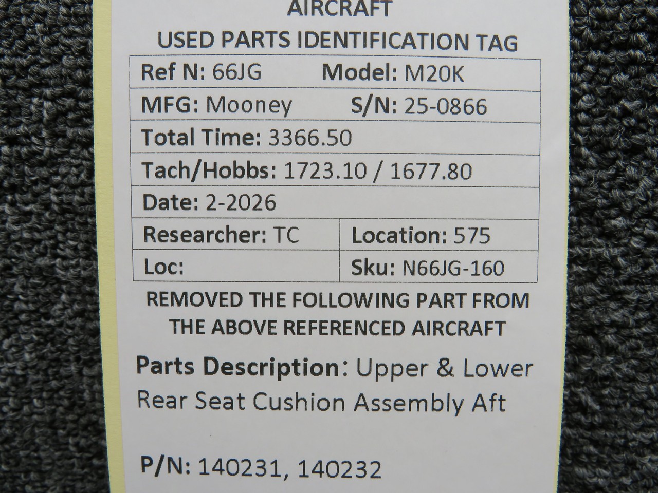140231, 140232 Mooney M20K Upper & Lower Rear Seat Cushion Assembly Aft