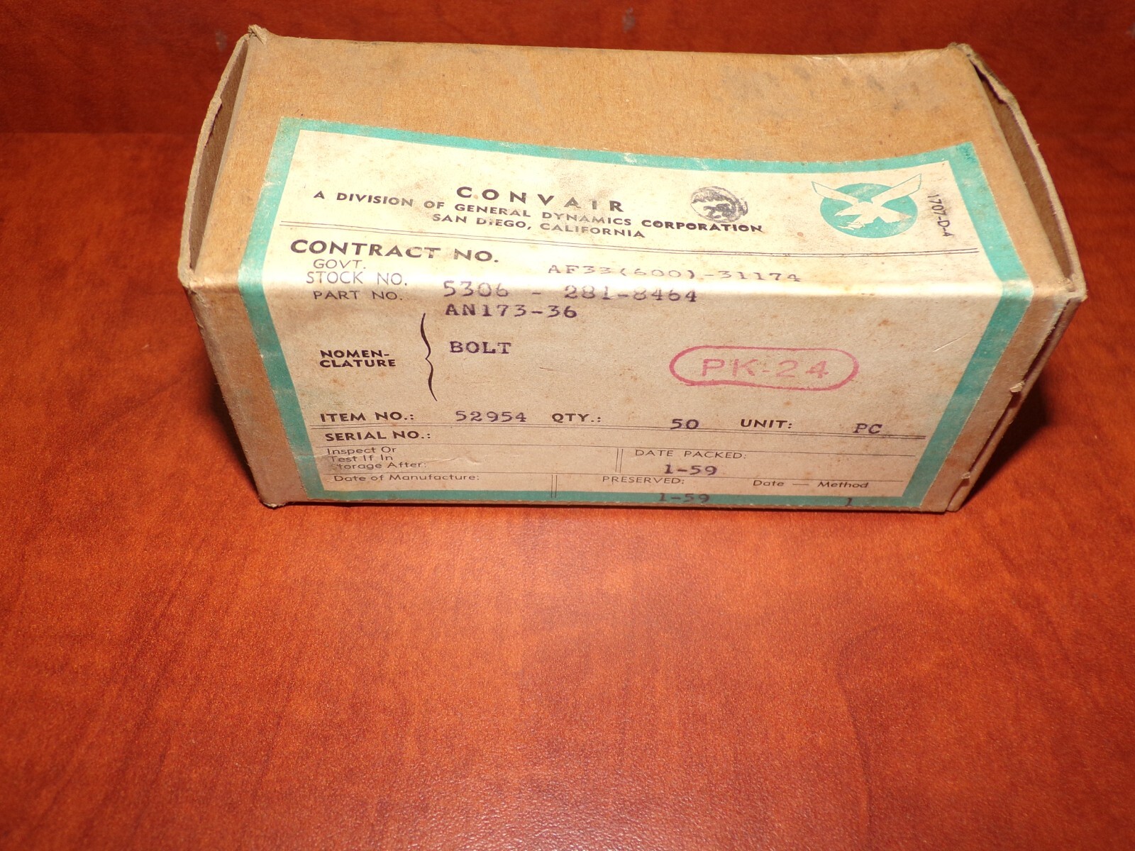 1959 Convair General Dynamics Bolts AN173-36