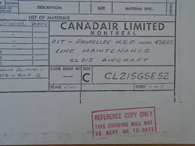 1 EA CANADAIR CL-215 PROPELLER LINE MAINTENANCE KIT DRAWING #CL215GSE-52