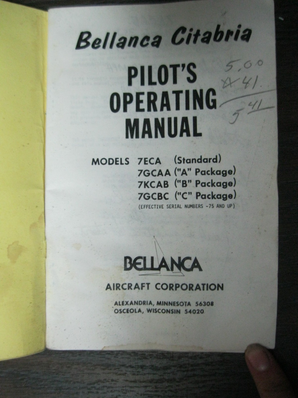 Bellanca Pilot’s Operating Manual Citabria 7ECA 7GAA 7KCAB 7GCBC S/N -75 & up