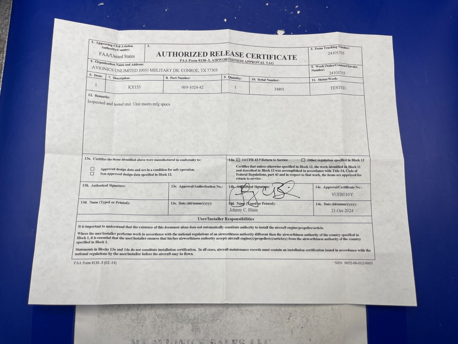 BENDIX/KING KX 155 P/N 069-1024-42 14VDC WITH GLIDE/SLOPE WITH FAA FORM 8130-3