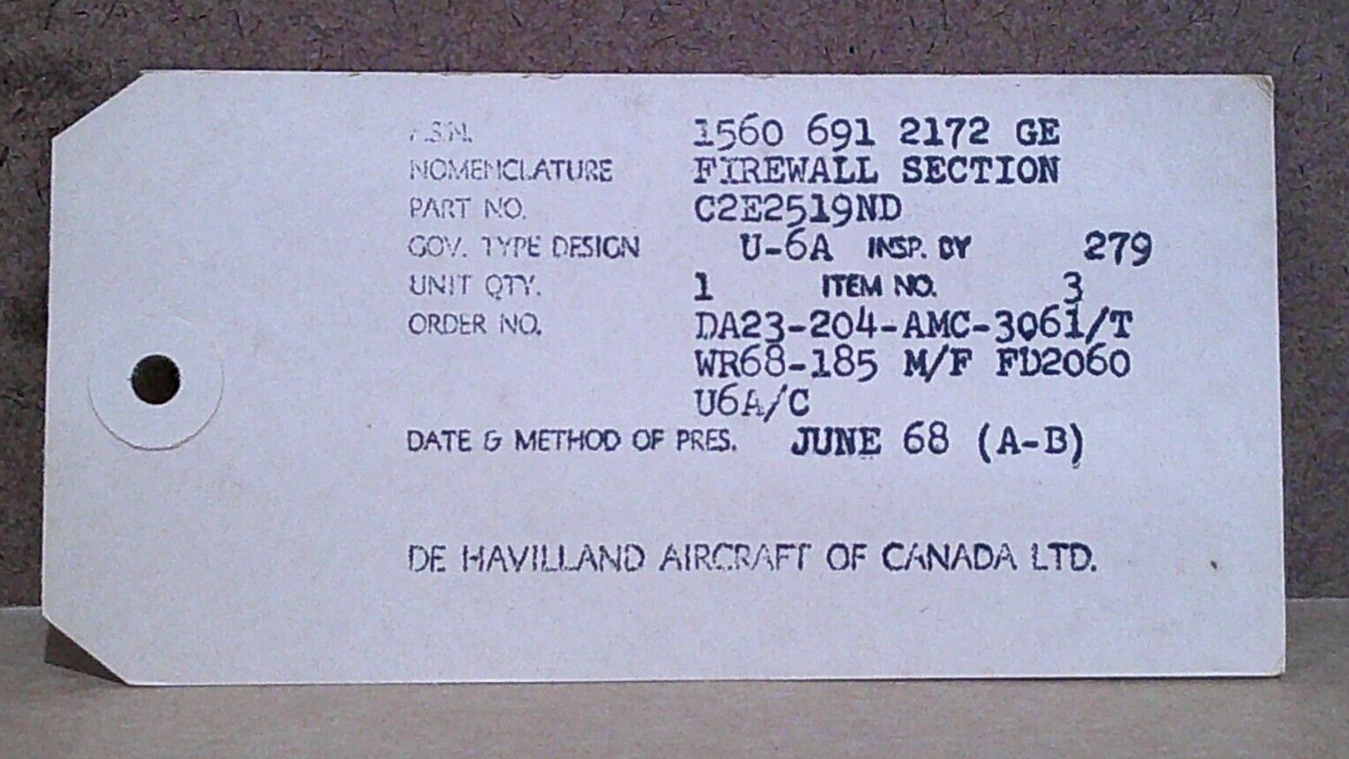 DeHavilland DHC-2 Beaver Firewall P/N C2E2519 New