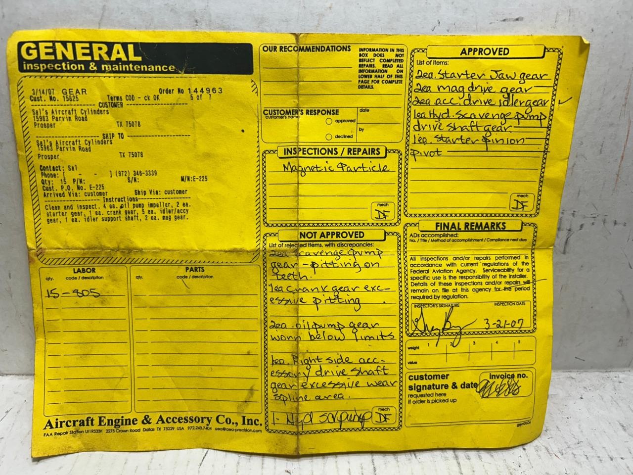 Certified Continental TCM E-225 Accessory Drive Idler Gear & Shaft