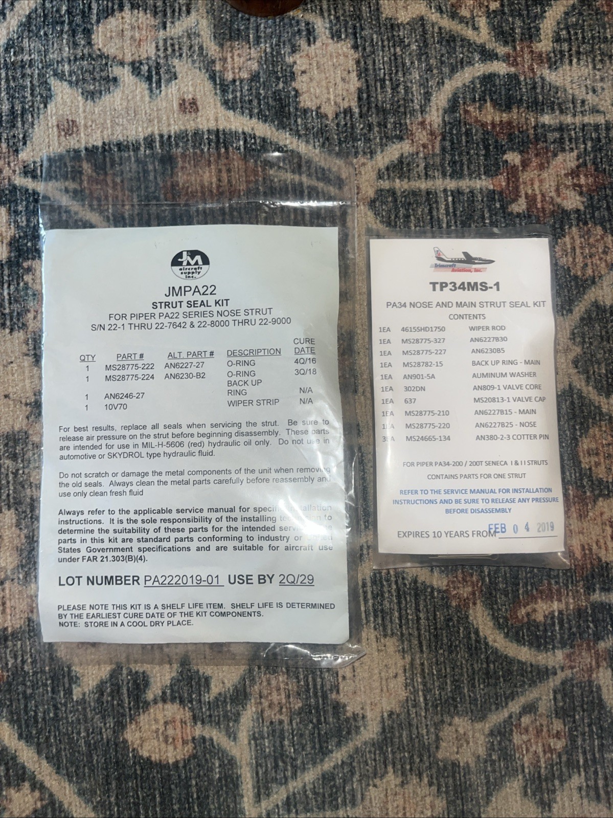 JMPA22 Strut Seal Kit Piper TP34MS-1 Nose