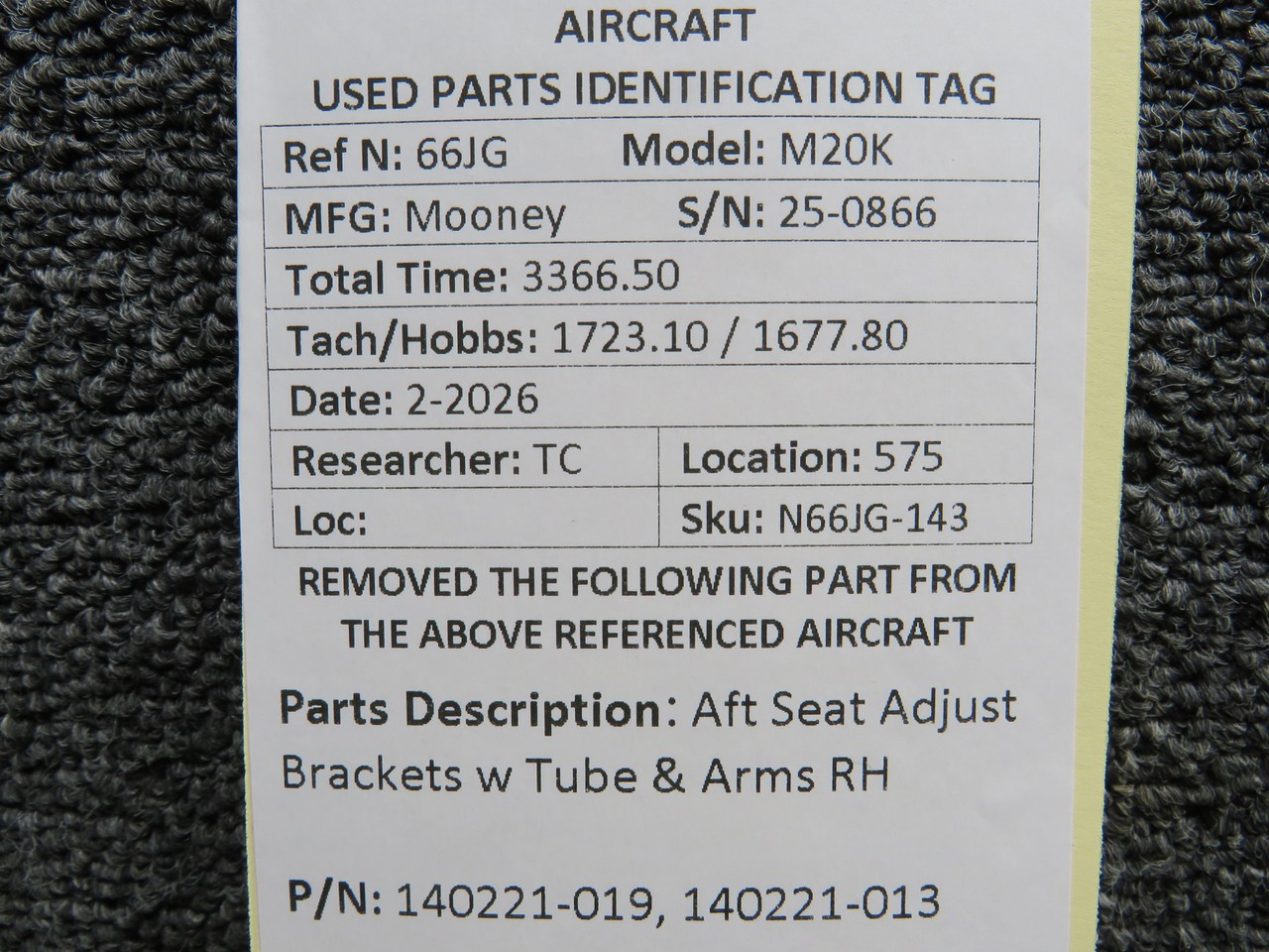 140221-019, 140221-013 Mooney M20K Aft Seat Adjust Brackets w Tube & Arms RH
