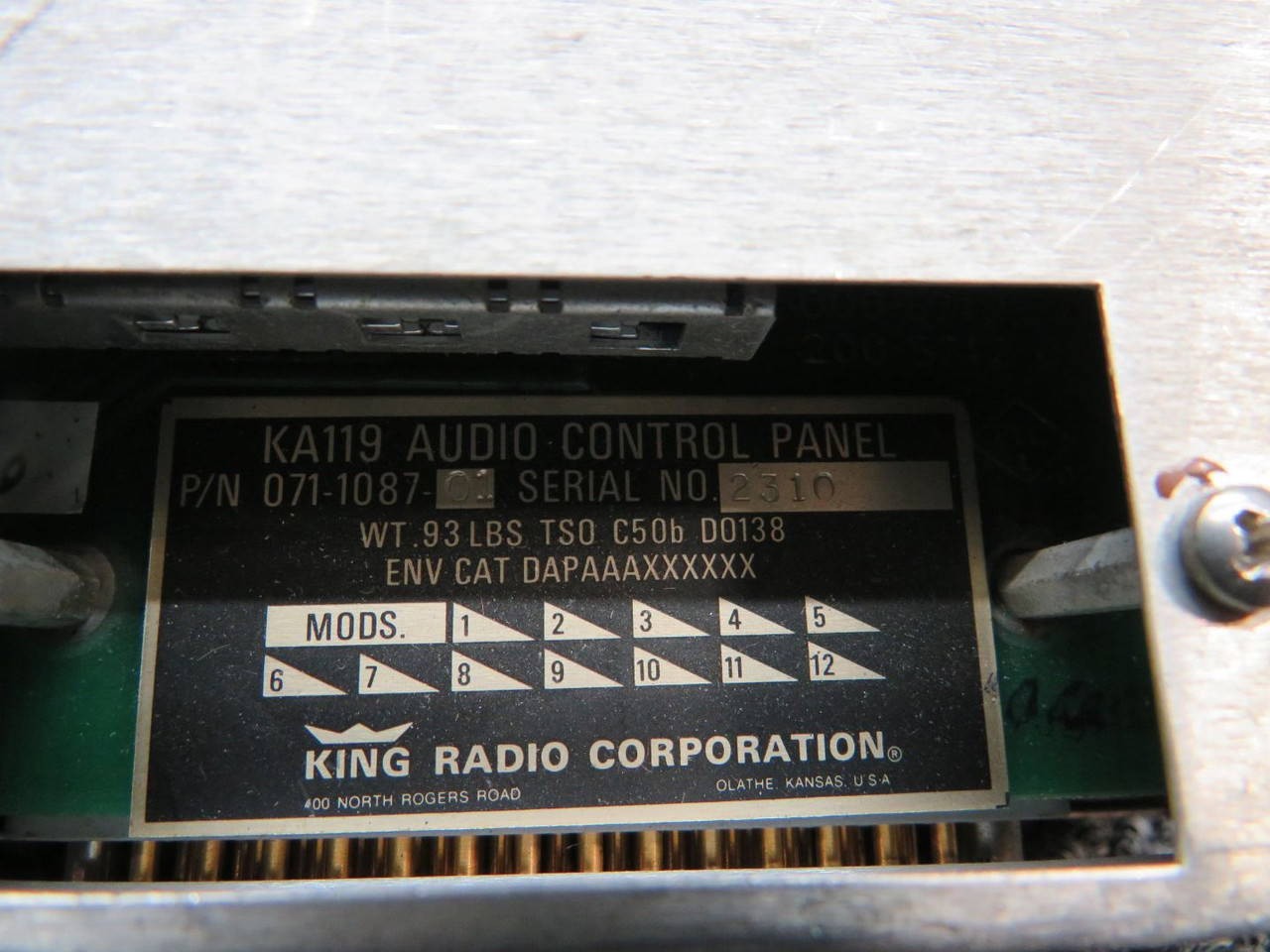 071-1087-01 King Radio KA119 音频控制面板 (C20)-