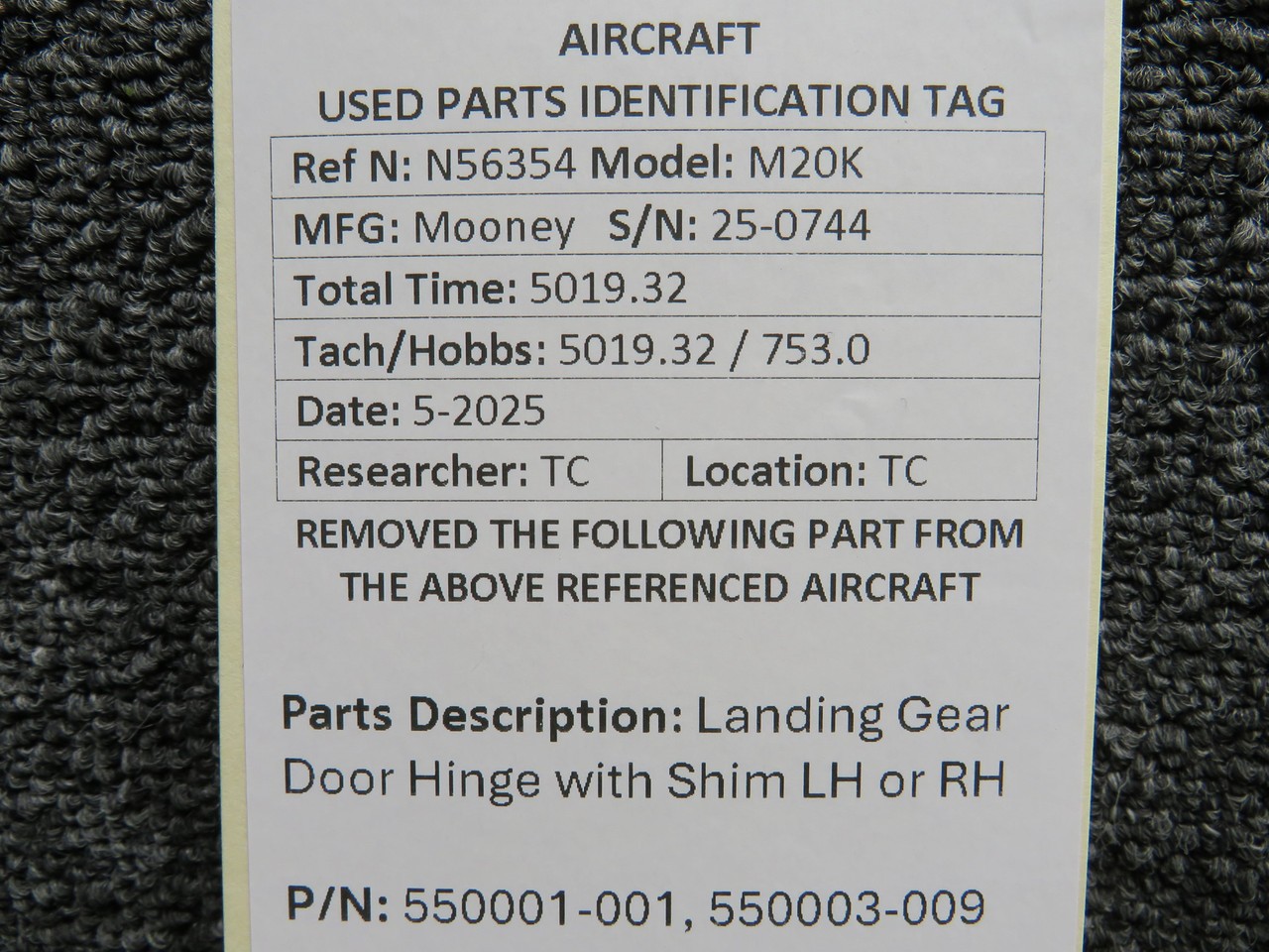 550001-001, 550003-009 Mooney M20K Landing Gear Door Hinge with Shim LH or RH