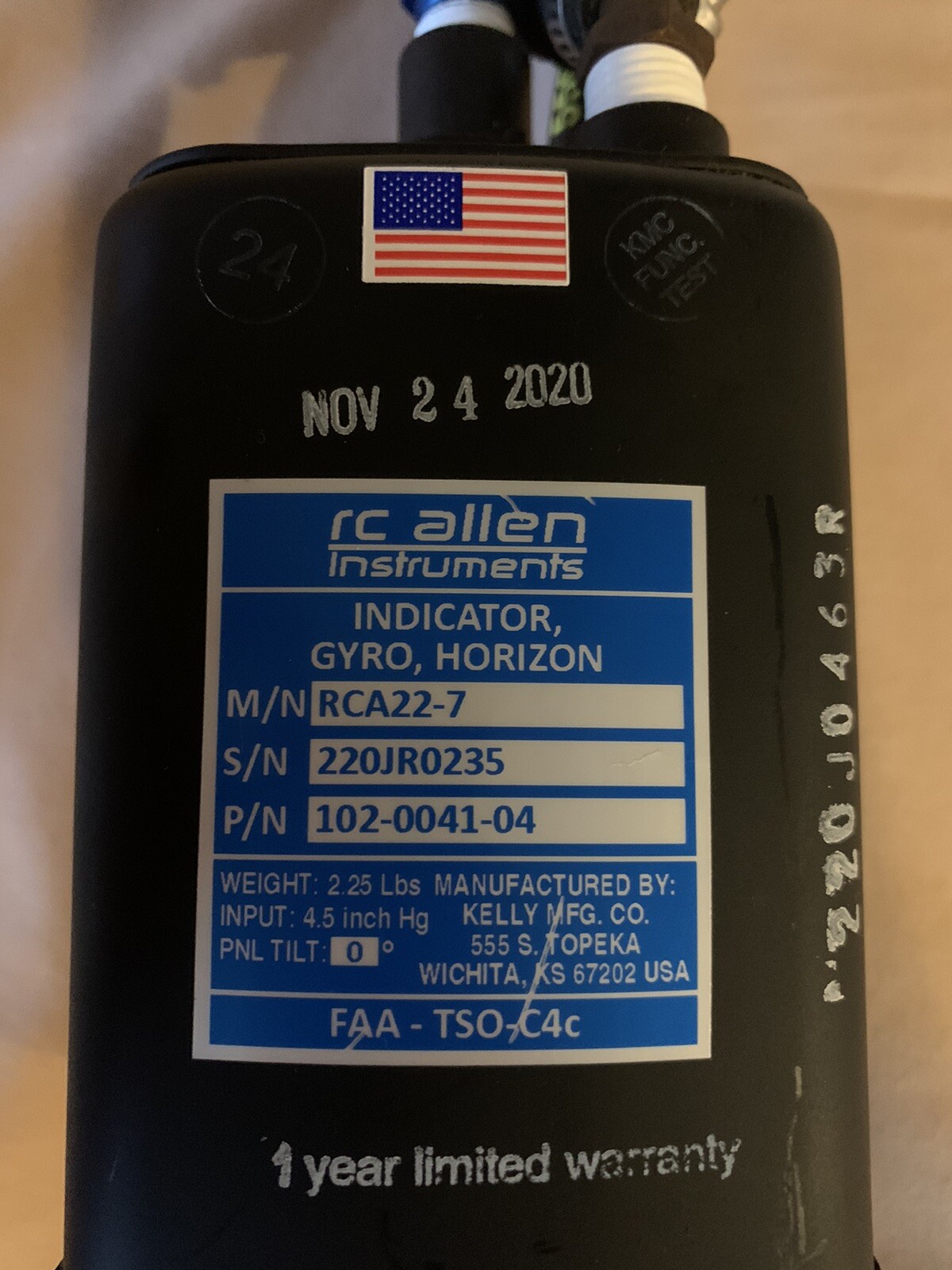 RC Allen Attitude Indicator Gyro Horizon P/N 102-0041-04 RCA22-7 SN 220JR0235