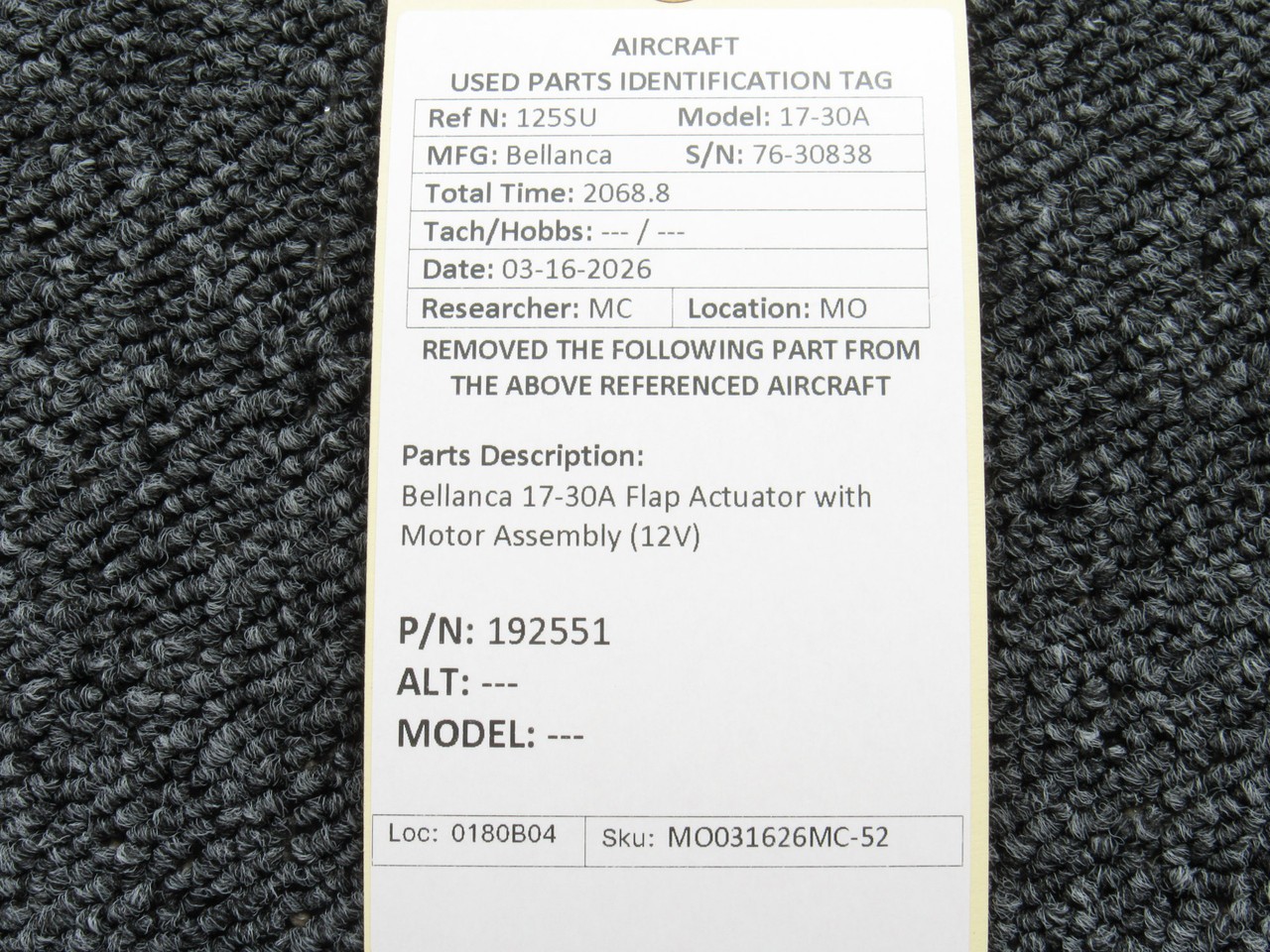 192551 Bellanca 17-30A Flap Actuator with Motor Assembly (12V)