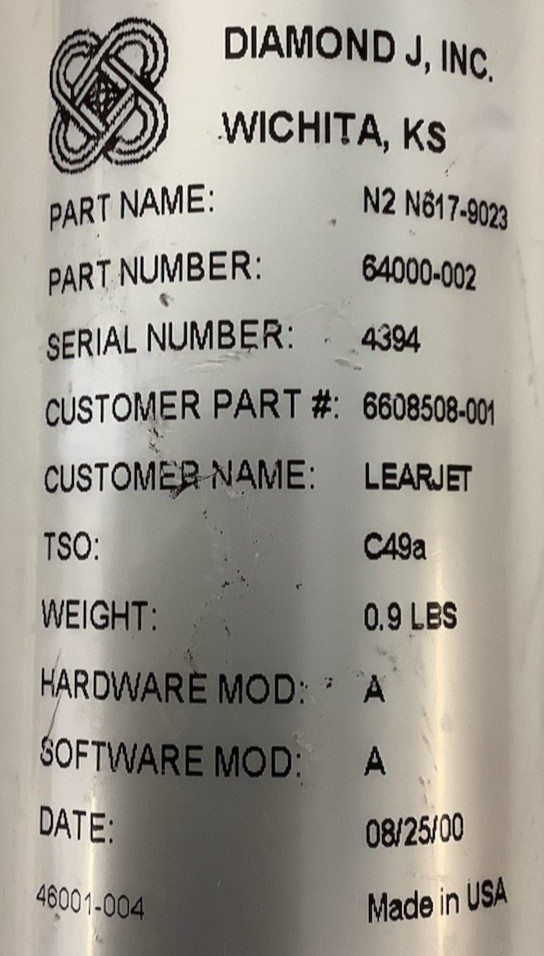 Diamond J Inc N2 N617-9023 Learjet Percent Indicator P/N 64000-002