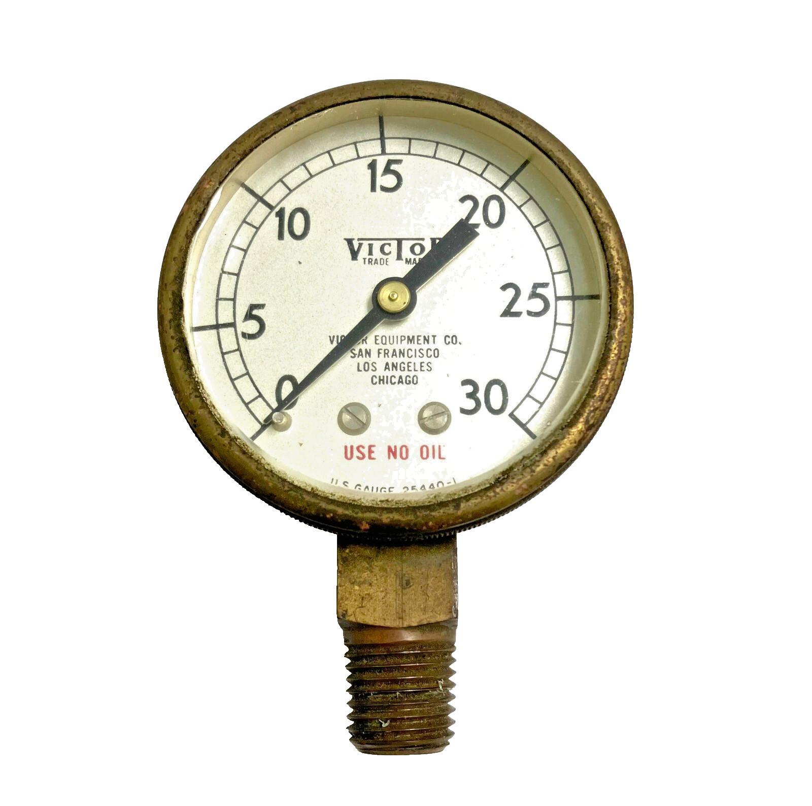 Vintage Victor Equipment U.S. Gauge P/N 25440-1, 0-30 PSI Compressed Gas Gauge
