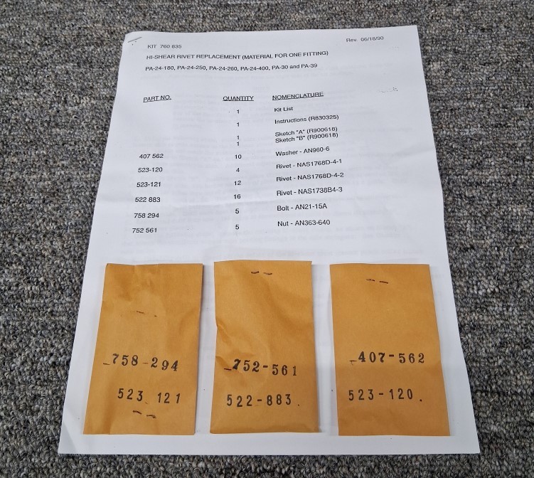 New Surplus Piper Aircraft Hi-shear Rivet Replacement Kit, p/n 760-835