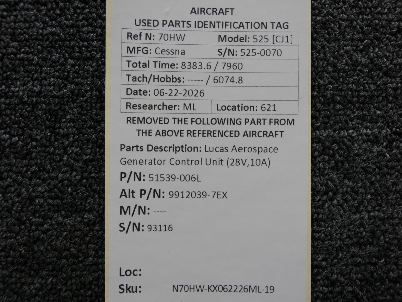 51539-006L (Alt: 9912039-7EX) Lucas Aerospace Generator Control Unit (28V,10A)