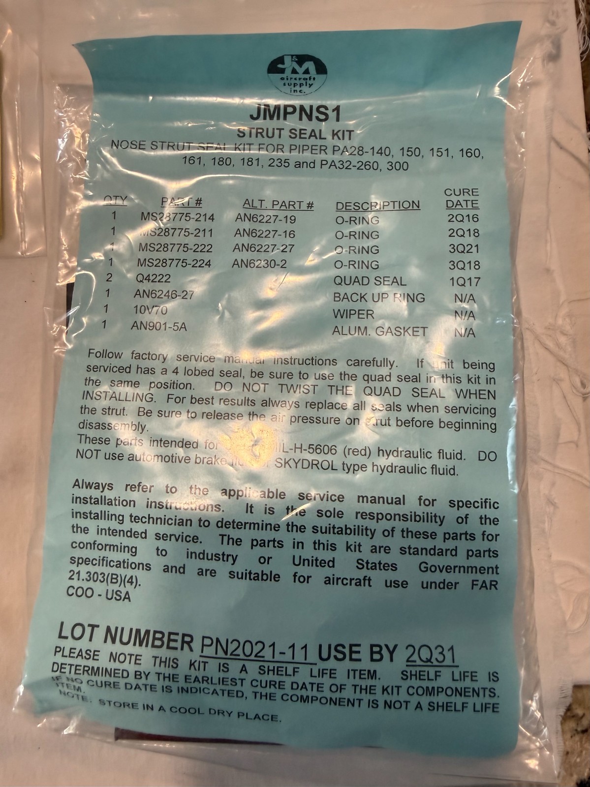 New nose strut seal kit with no certs P/N JMPNS1