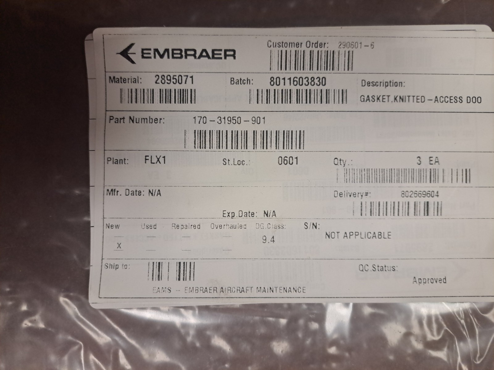 Embraer 170-31950-901 Gasket Knitted Access Door Qty 3 Pack NEW