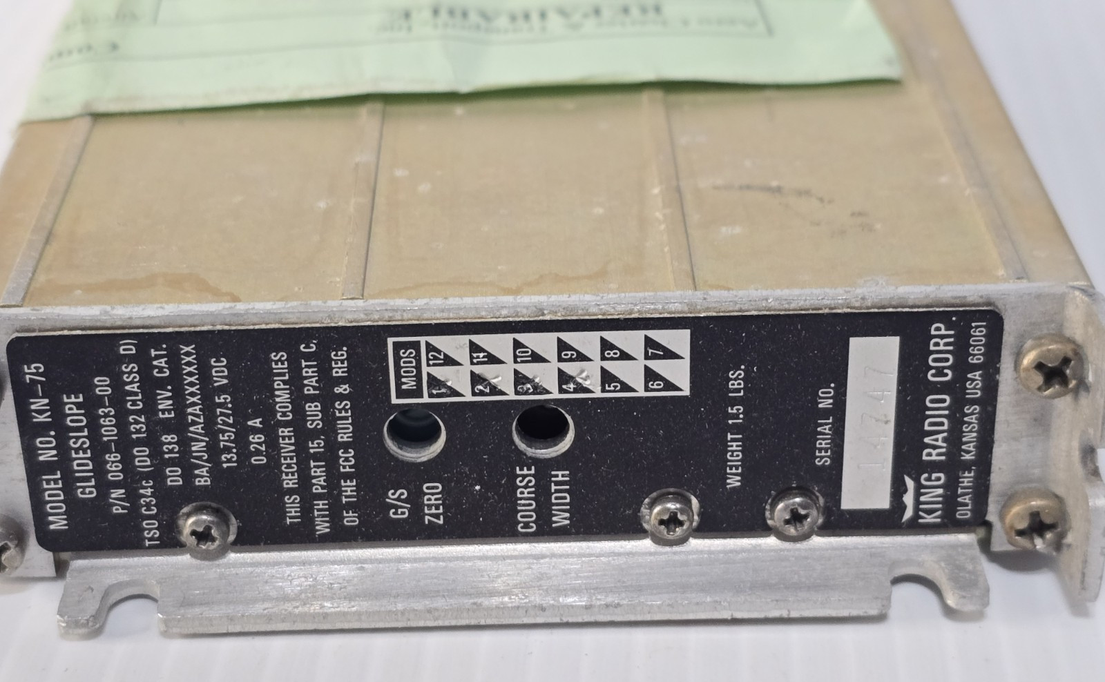 Bendix King Kn-75 Glideslope ReceiverP/N 066-1063-00 KN-75 -As Removed, Untested