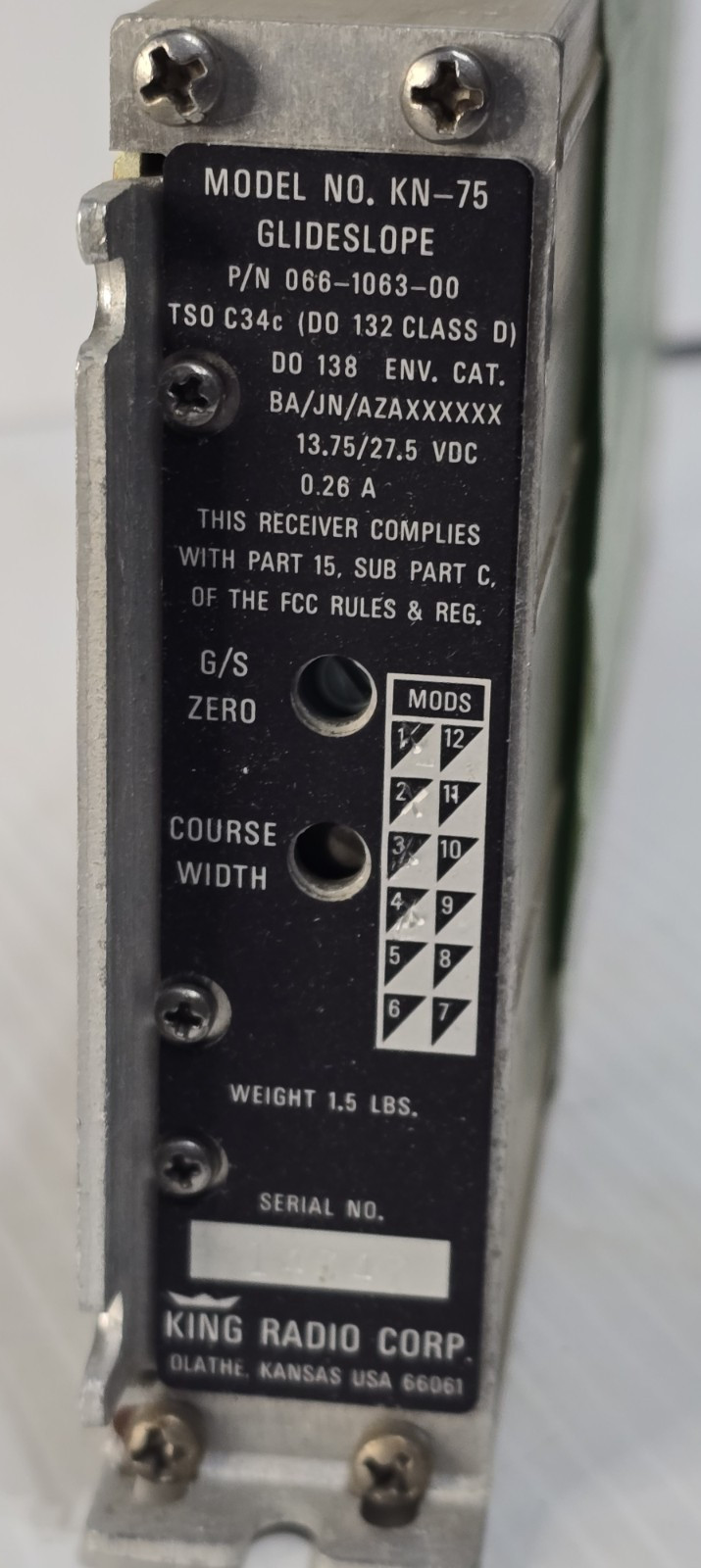 Bendix King Kn-75 Glideslope ReceiverP/N 066-1063-00 KN-75 -As Removed, Untested