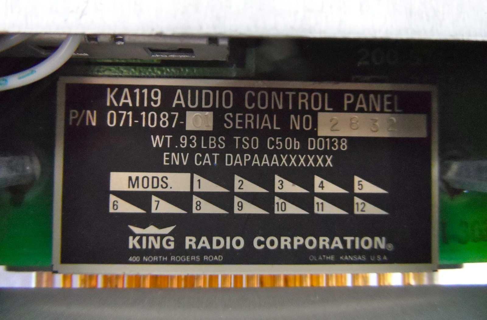 KING RADIO 071-1087-01 KA119 AUDIO CONTROL PANEL #2