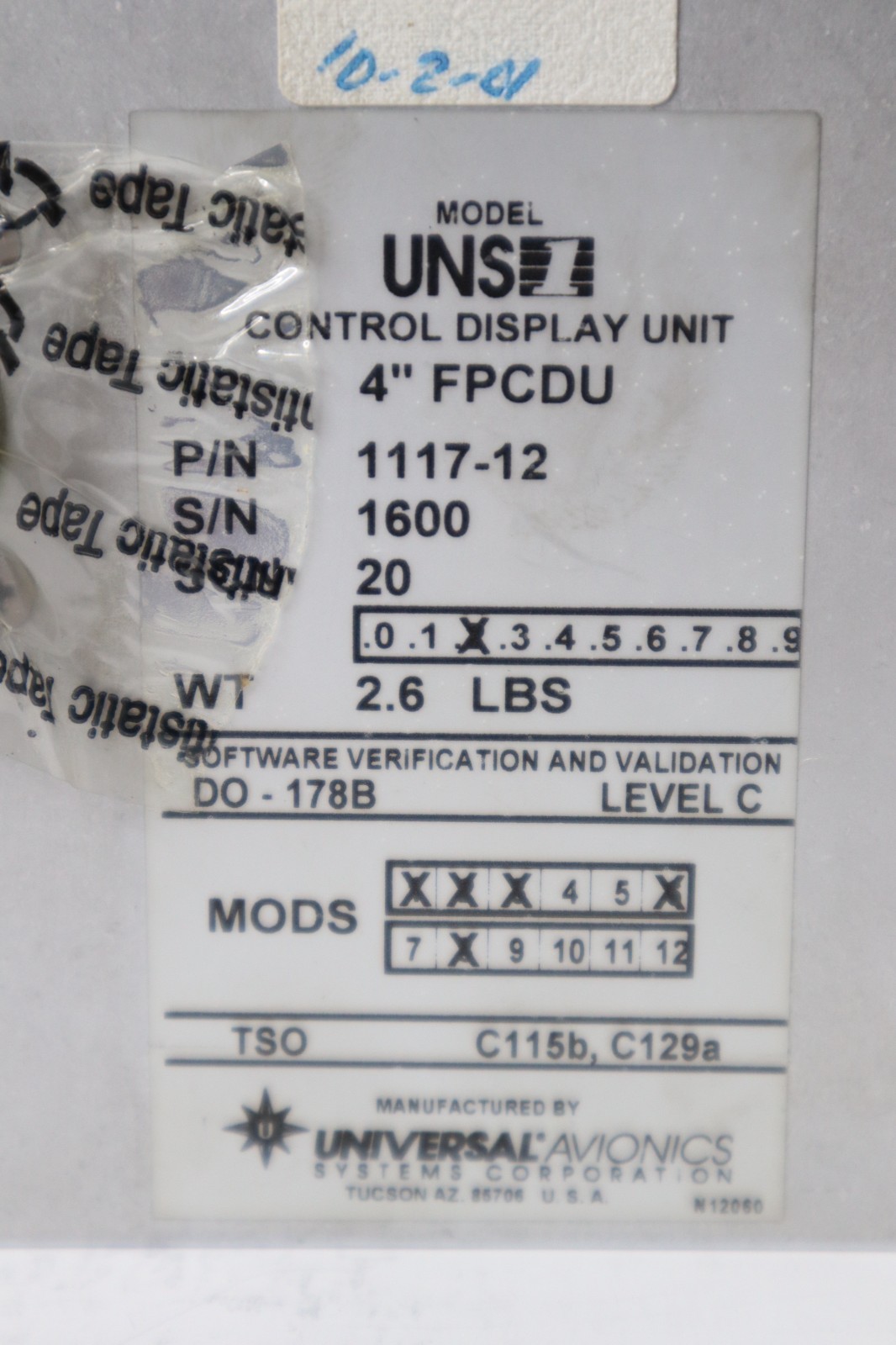 Universal Avionics UNS1 Control Display Unit 4″ FPCDU 1117-12