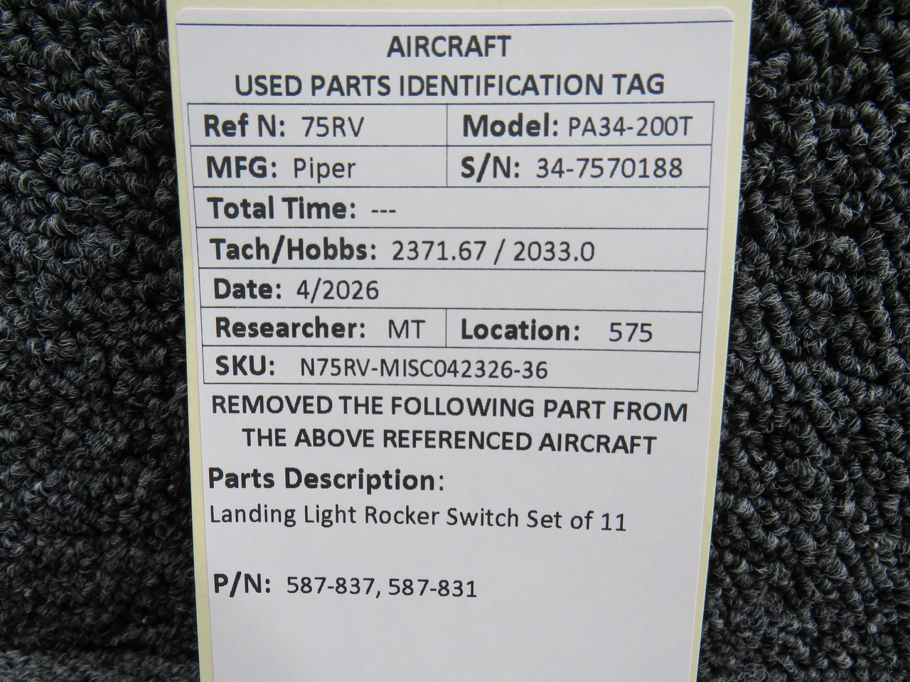 587-837, 587-831 Piper PA-34-200T Landing Light Rocker Switch Set of 11