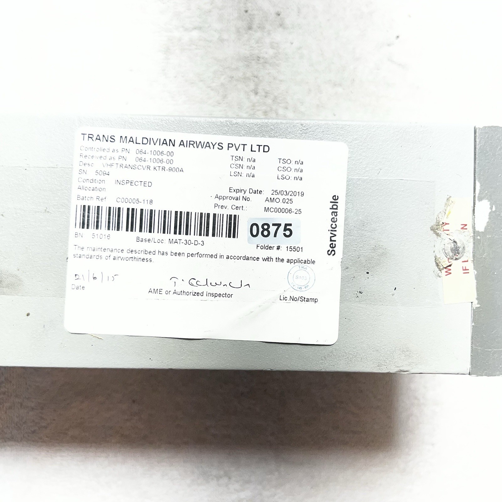 064-1006-00 King Radio KTR 900A VHF COMM Transceiver, Inspected