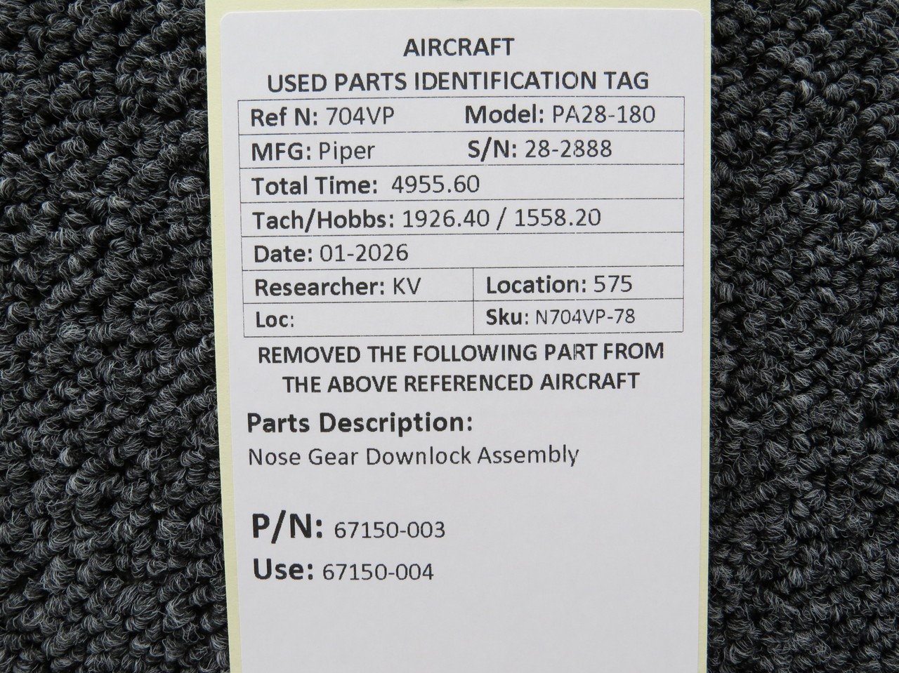 67150-003 (Use: 67150-004) Piper PA28R-180 Nose Gear Downlock Assembly