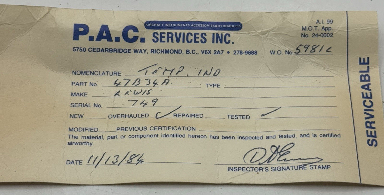 Lewis Engineering Tempature Indicator 47B34A Aviation Airplane SERVICEABLE