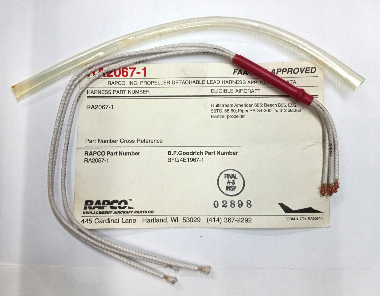 RAPCO P/N RA-2067-1 LEAD KIT (Missing wire ties and connectors)