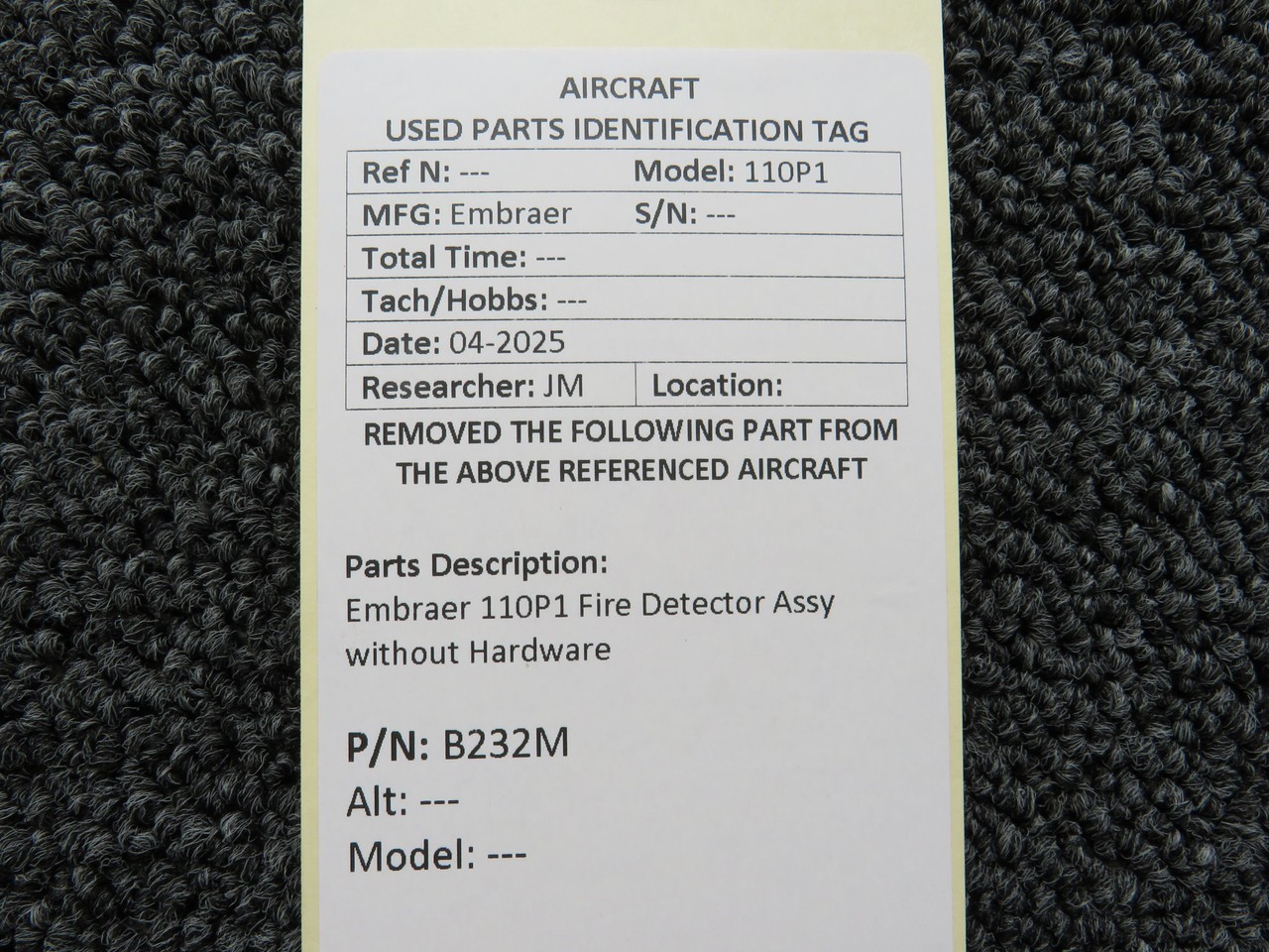 B232M Embraer 110P1 Fire Detector Assy without Hardware