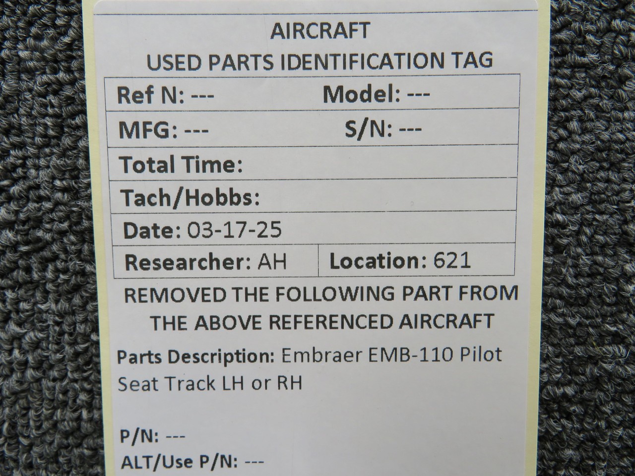 Embraer EMB-110 Pilot Seat Track LH or RH