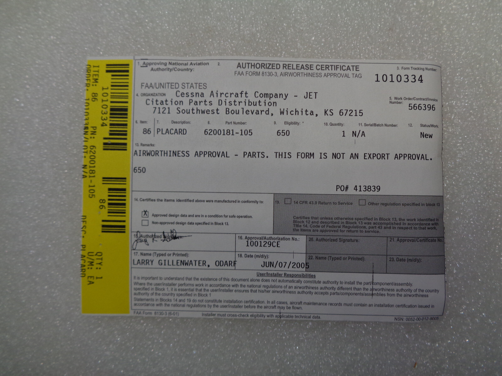 CESSNA CITATION AIRCRAFT “USABLE FUEL ” PLACARD DECAL 6200181-105 NEW