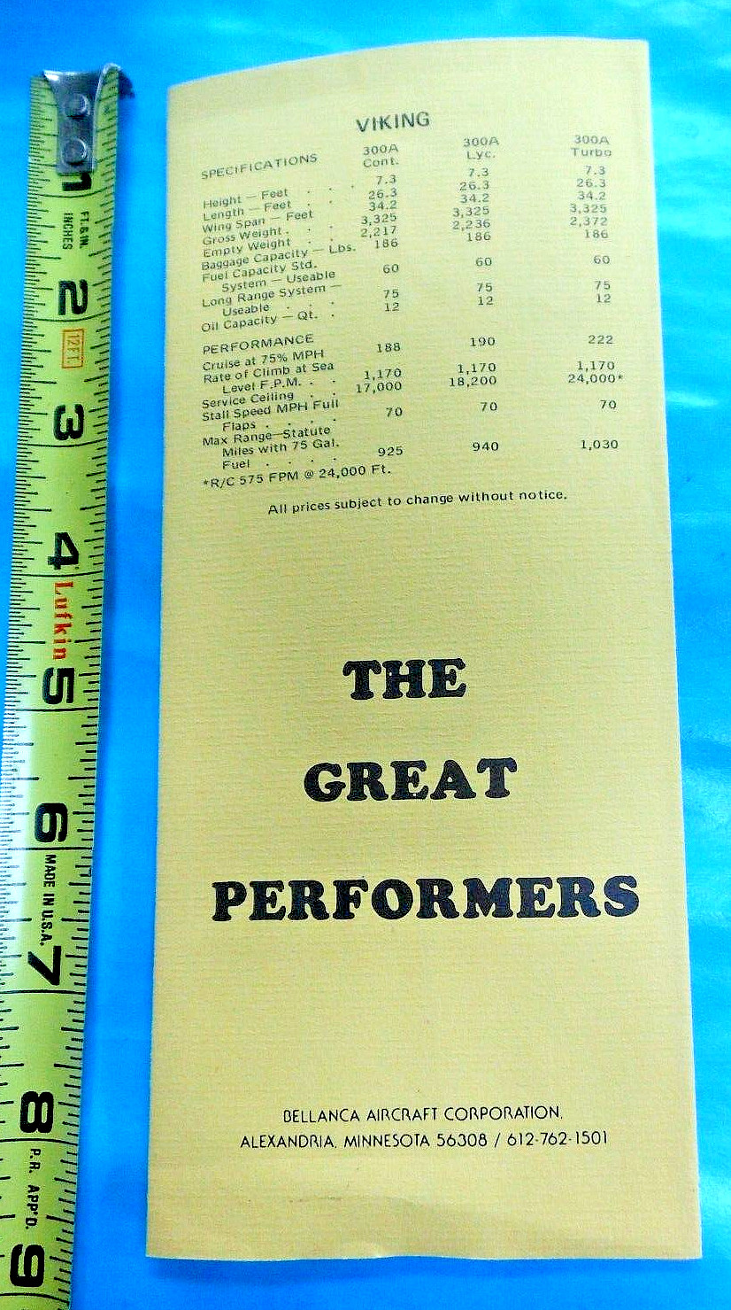 ’75 Bellanca Viking Specs Continental Lycoming Turbo Price List Avionics Std Eqt
