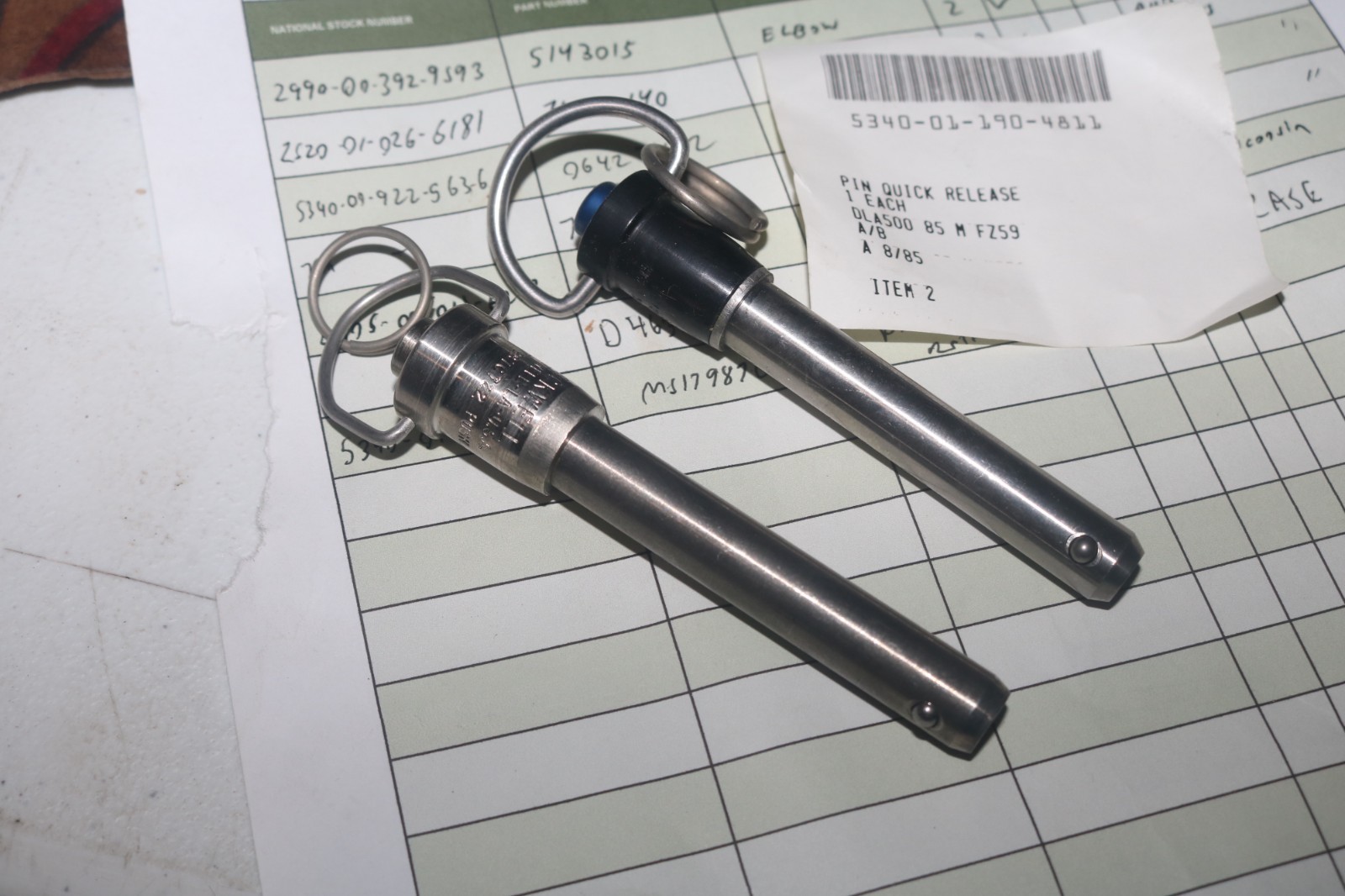 NOS MS17987C722 Ball lock quick release pin 7/16 diam. 2.2 length