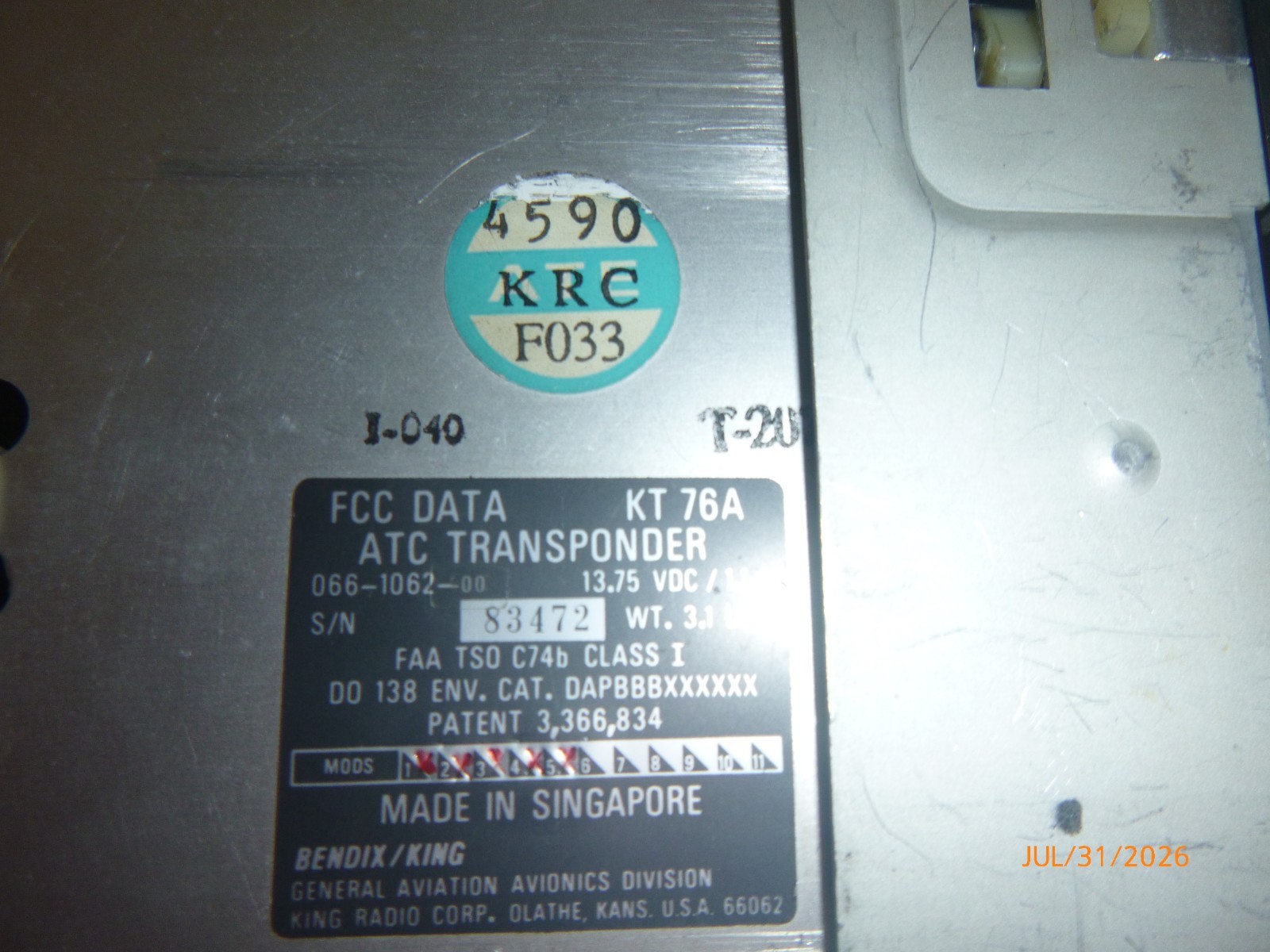 Bendix King KT 76A Transponder 14V – Includes Chassis – Free Shipping