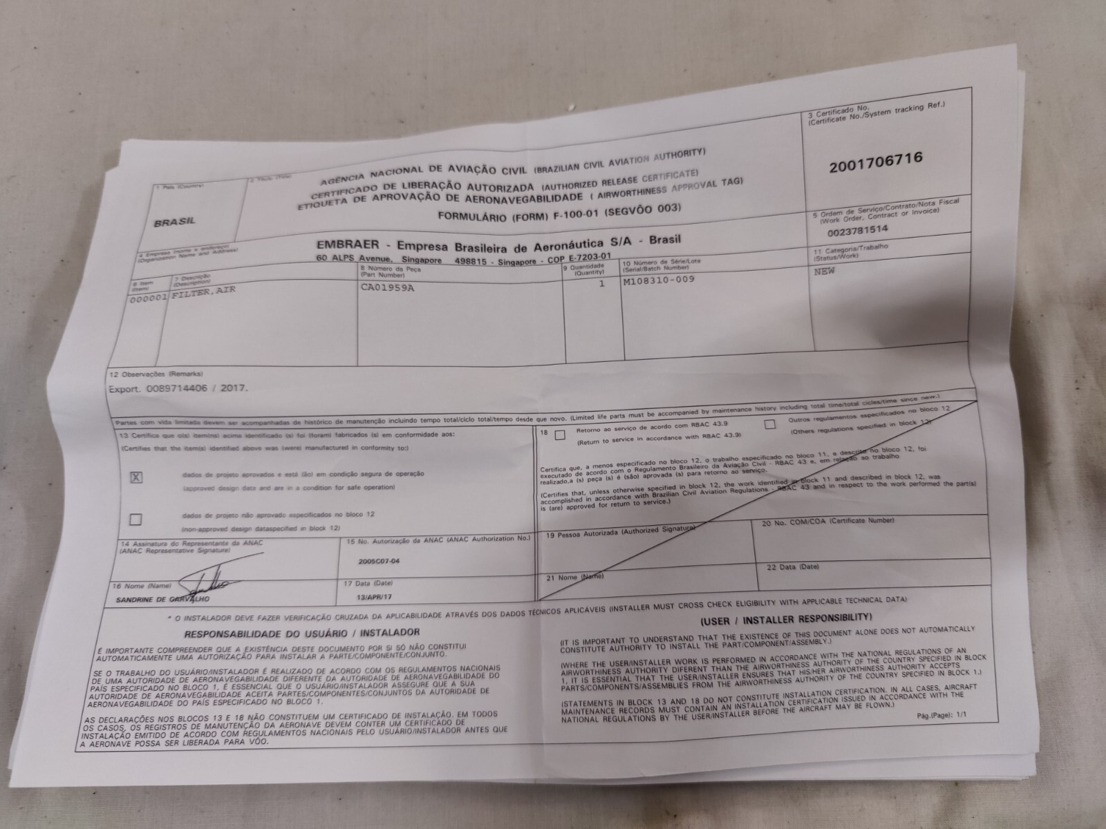 Safran Embraer CA01959A Air Filter Element with Certificate Copy