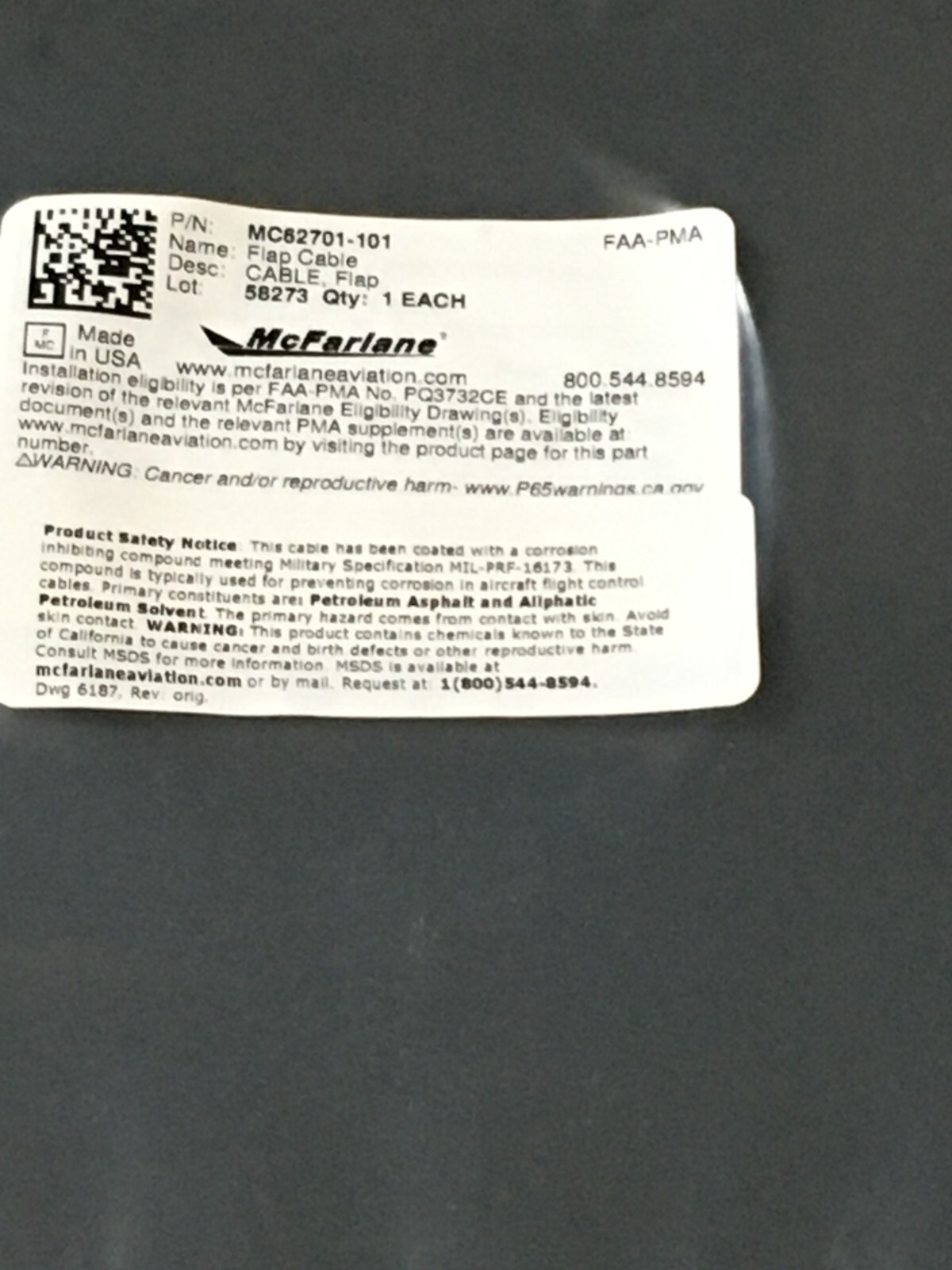 Piper PA-28 Cherokee Cable, Flap P/N MC62701-101 SA Piper P/N 62701-10
