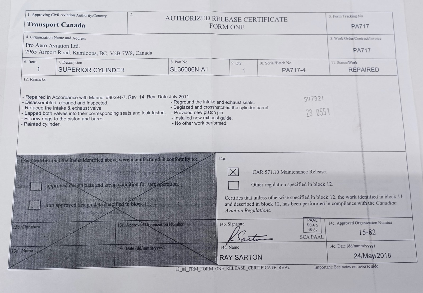 Repaired Superior Air Parts Cylinder p/n SL36006NA1 w/Transport Canada Form One
