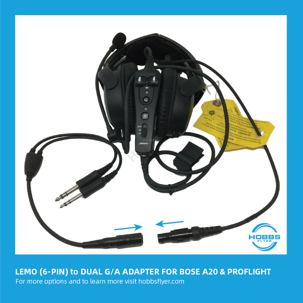 A20 6-Pin LEMO to Twin Plug General Aviation (G/A) Adapter For Bose A20 Headset