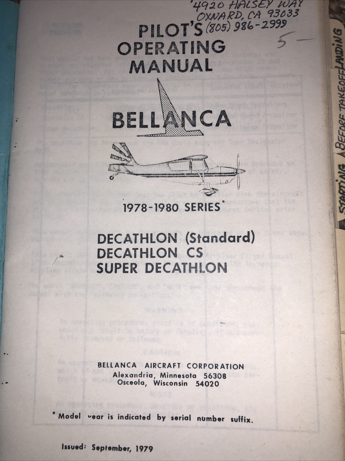 Bellanca Pilot’s Operating Manual for Decathlon 1978-1980 series super corporat