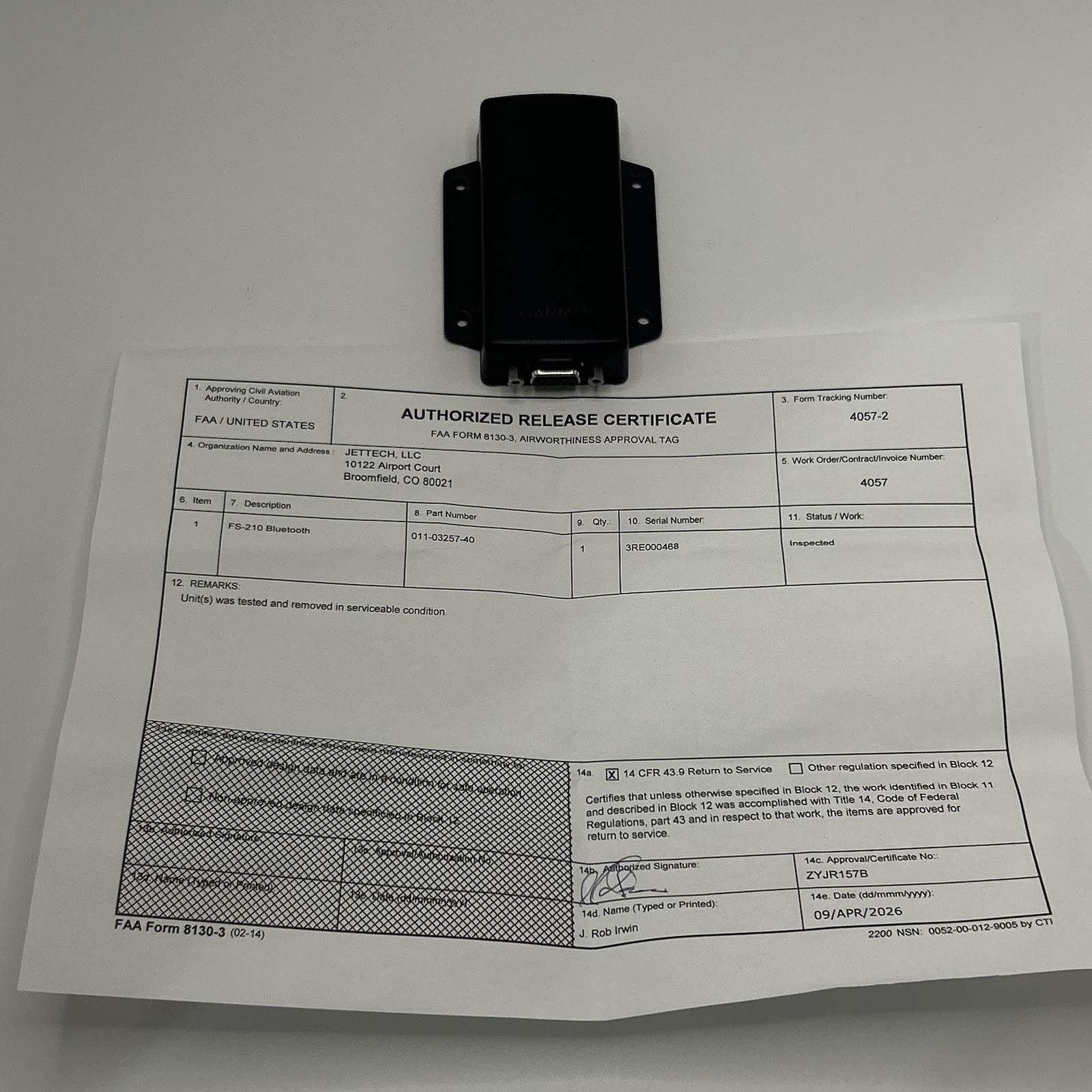 Garmin Flight Stream 210 14/28v 011-03257-40 w/ FAA 8130 WORKING