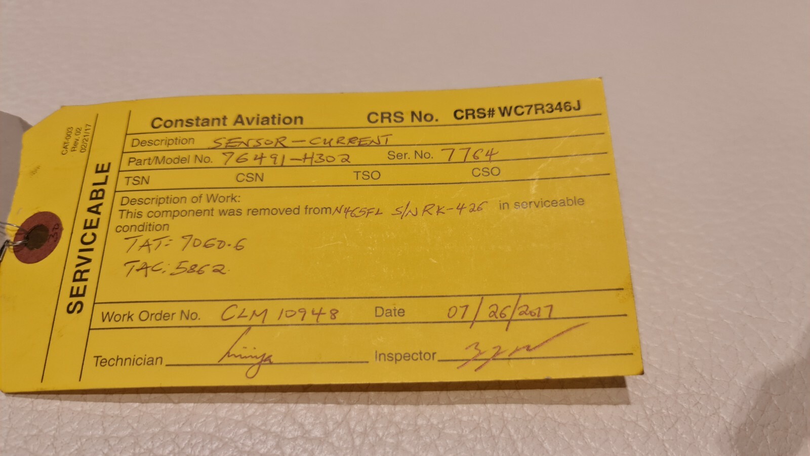 76491-H302 Current Sensor Beechjet 400 As Remove Yellow Tag used 30 day warranty