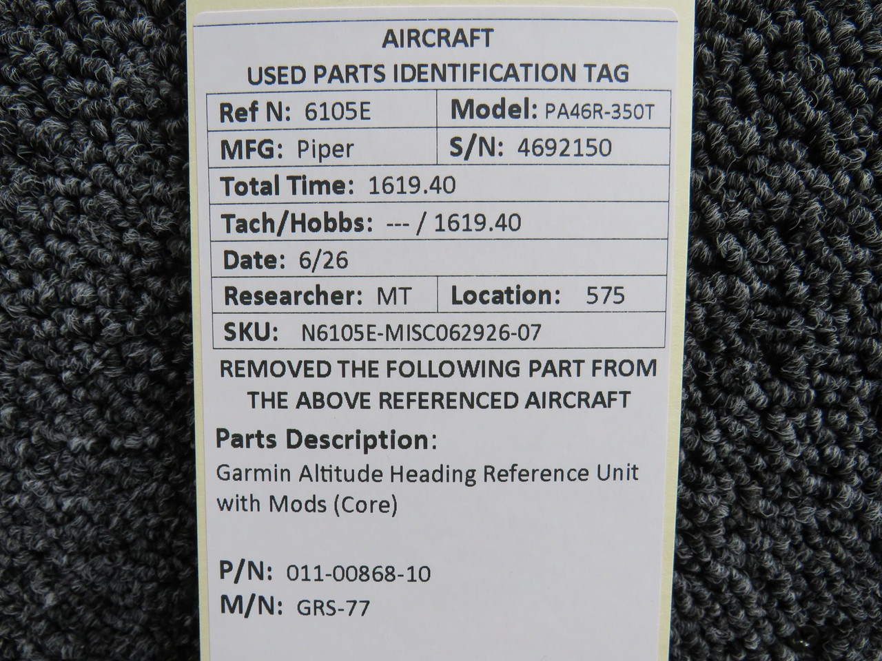 011-00868-10 Garmin GRS-77 Altitude Heading Reference Unit with Mods (Core)