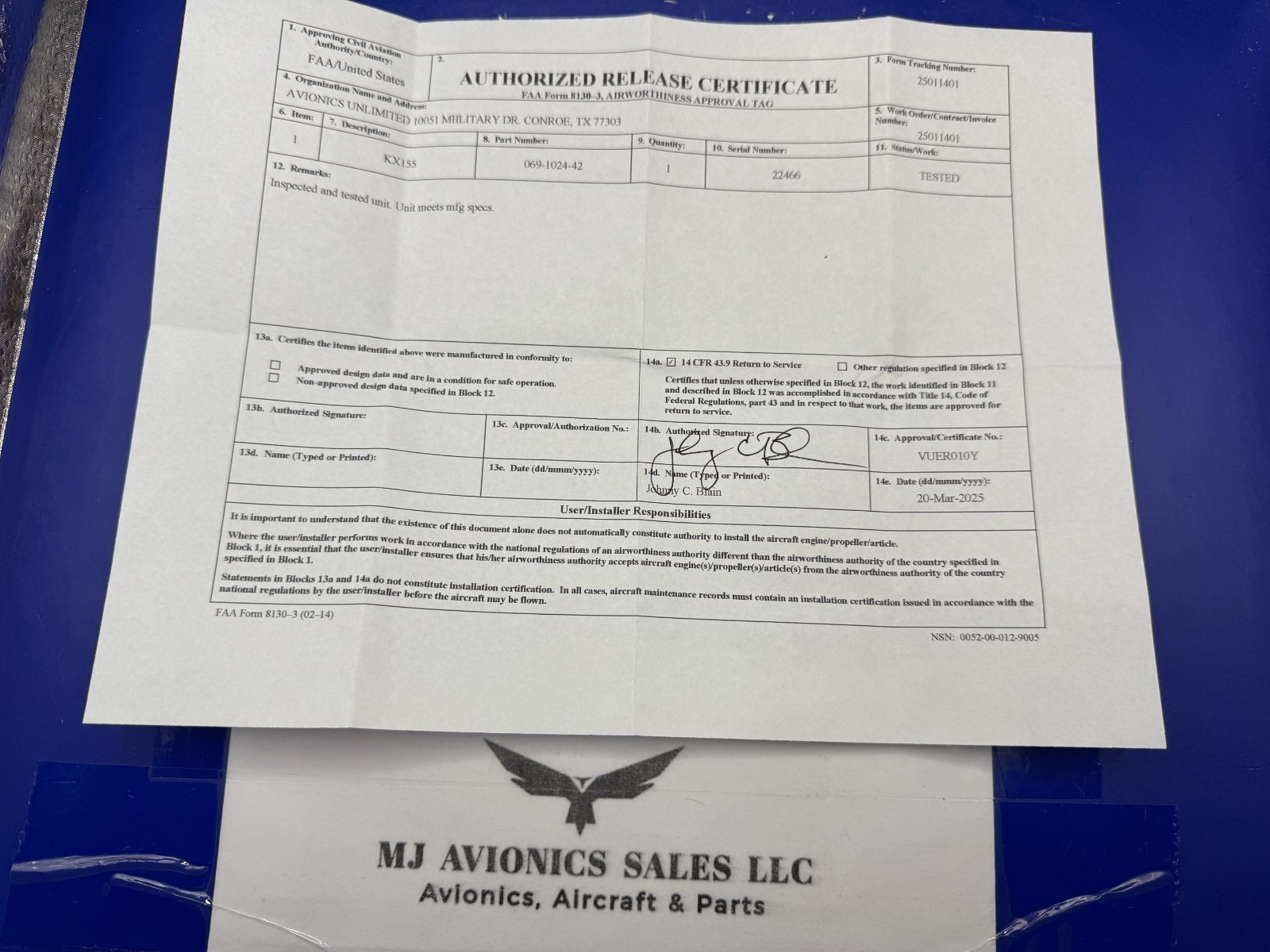 BENDIX/KING KX 155 P/N 069-1024-42 14VDC WITH GLIDE/SLOPE WITH FAA FORM 8130-3
