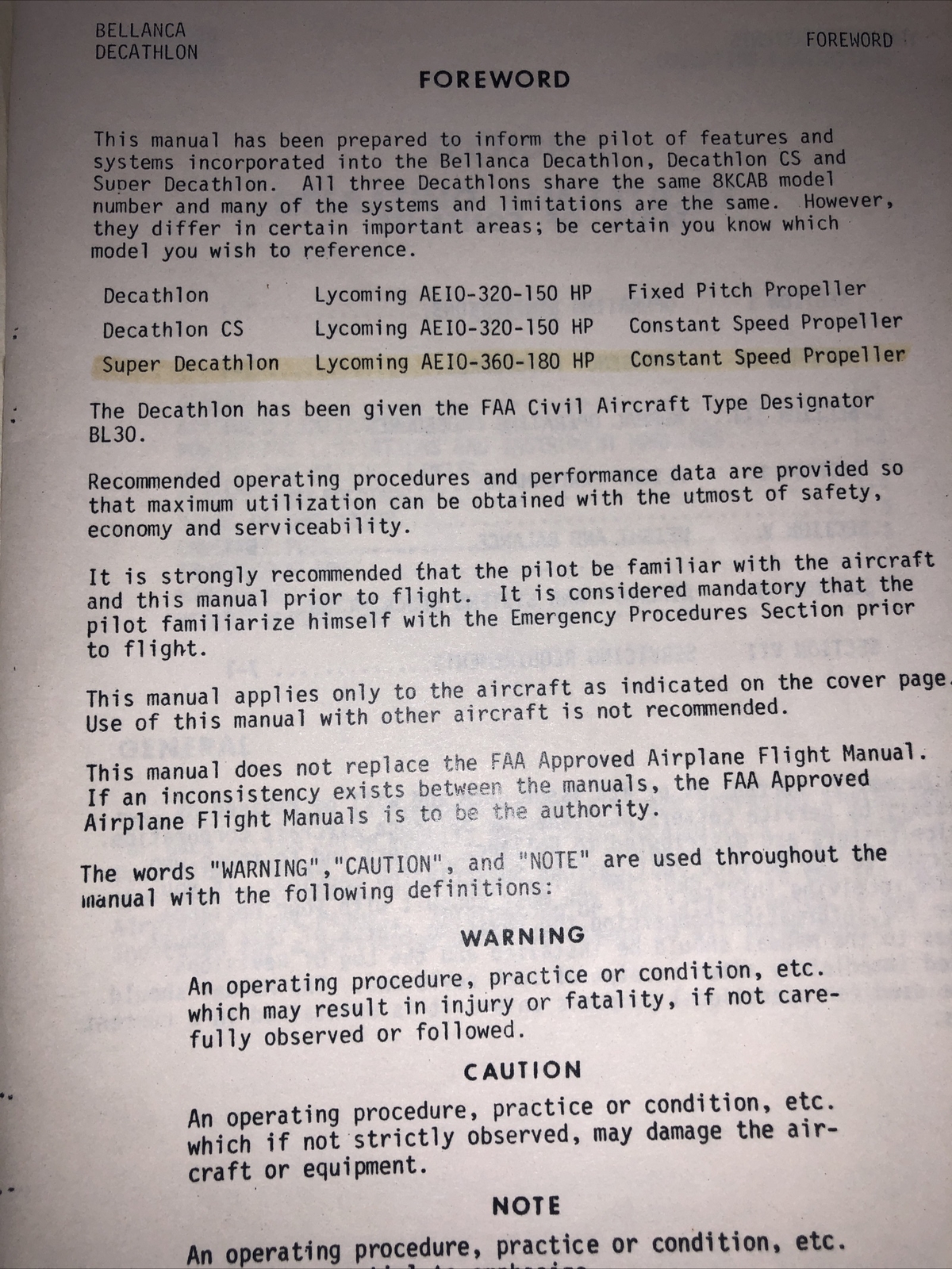 Bellanca Pilot’s Operating Manual for Decathlon 1978-1980 series super corporat