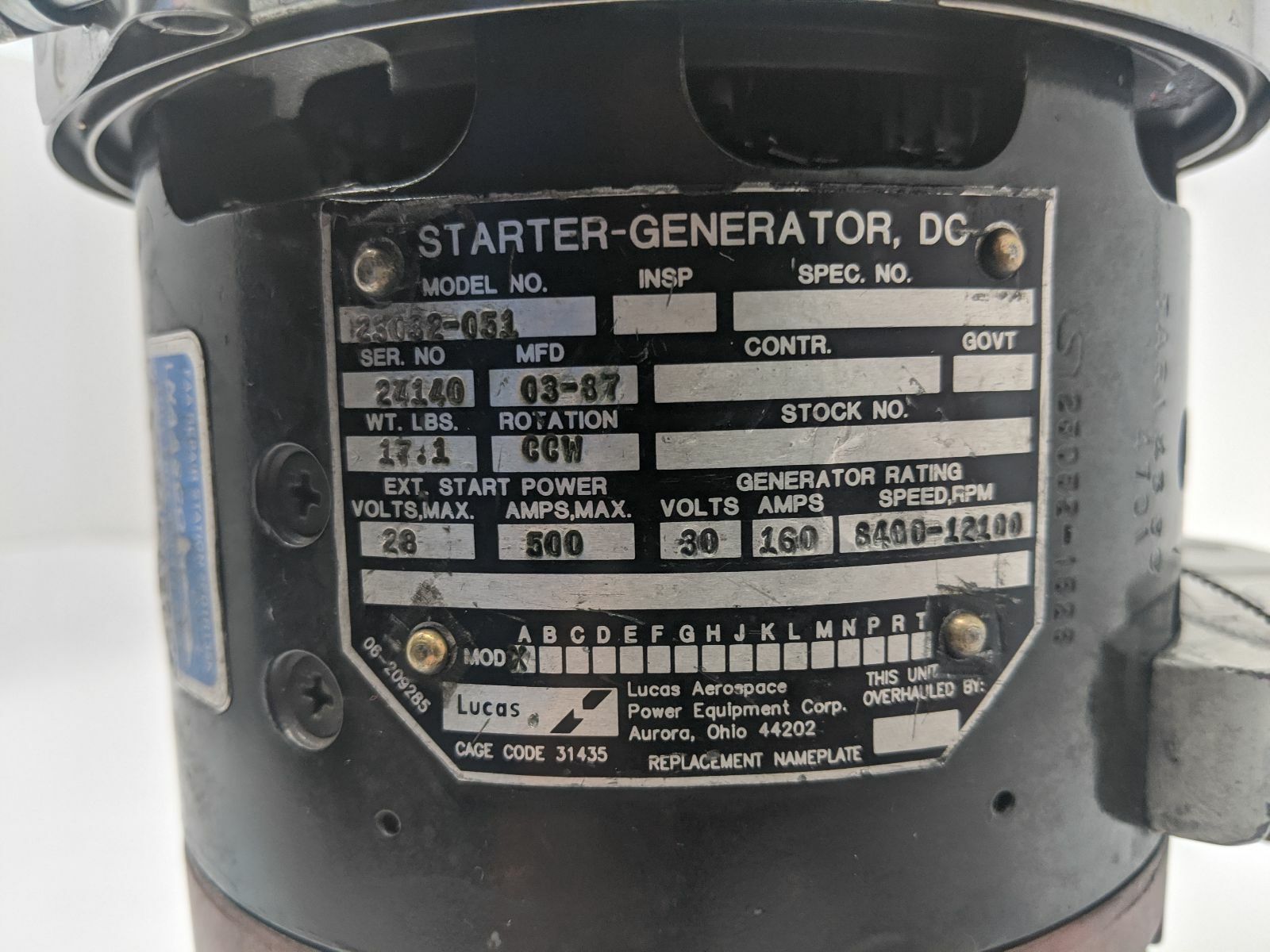 PN: 23032-051, Starter Generator, SN: 24140, SV, Lucas Aerospace, Bell 206